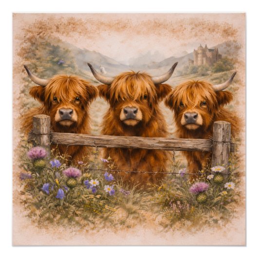 Poster Vache des Highlands - Animaux à l'aquarelle (Devant)