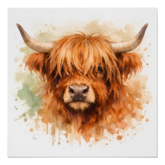 Poster Vache des Highlands - Animaux à l'aquarelle (Devant)
