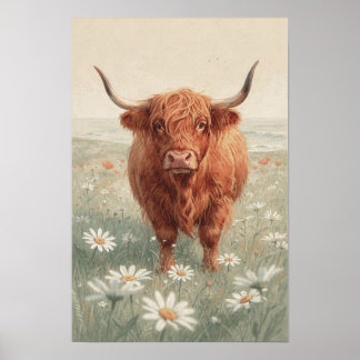 Poster Vache des Highlands dans un pré de pâquerettes - F