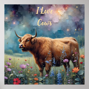 Poster Vache des Highlands dans une tapisserie florale co