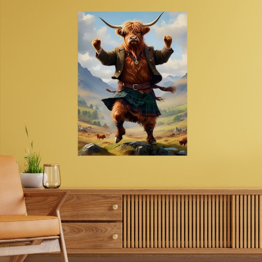 Poster Vache des Highlands dansant le Highland Fling, (Salon 2)