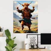 Poster Vache des Highlands dansant le Highland Fling, (Bureau à domicile)
