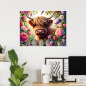Poster Vache des Highlands et roses roses (Bureau à domicile)
