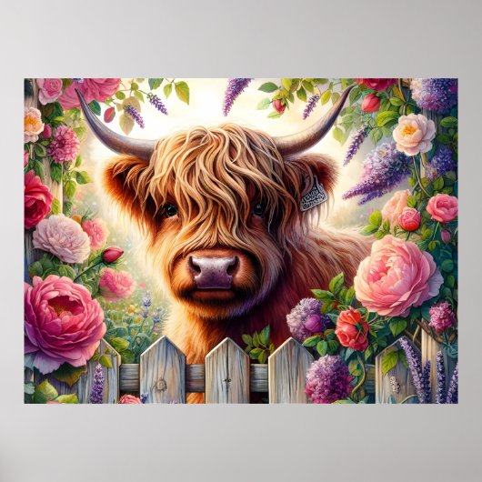 Poster Vache des Highlands et roses roses (Devant)