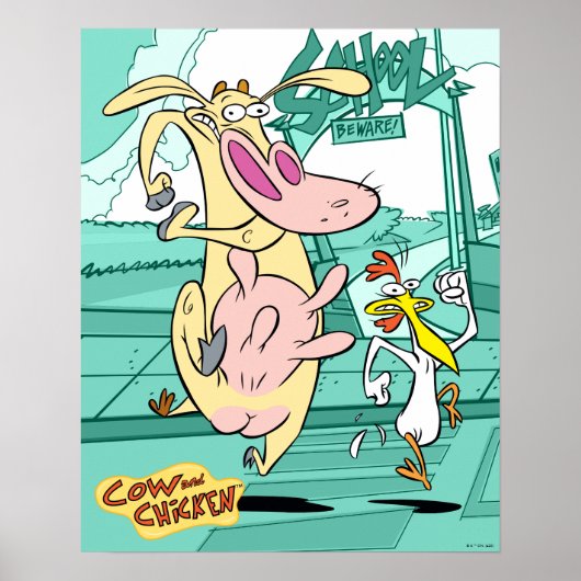 Poster Vache et poulet à courir graphique (Devant)