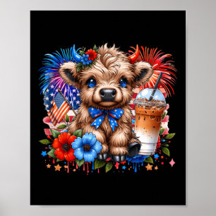 Poster Vache Highland 4 Juillet Floral Usa Vache Patrioti