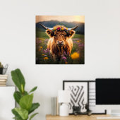 Poster Vache Highland Avec Couronne Fleur Colorée (Bureau à domicile)