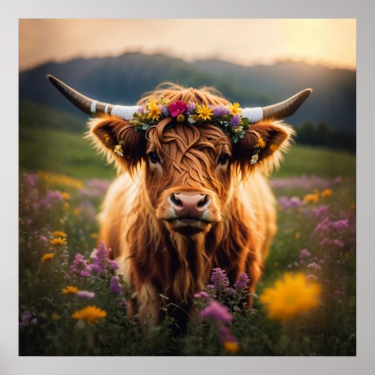 Poster Vache Highland Avec Couronne Fleur Colorée (Devant)