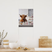 Poster Vache Highland avec produits de beauté rose Salle  (Cuisine)
