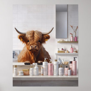 Poster Vache Highland avec produits de beauté rose Salle 