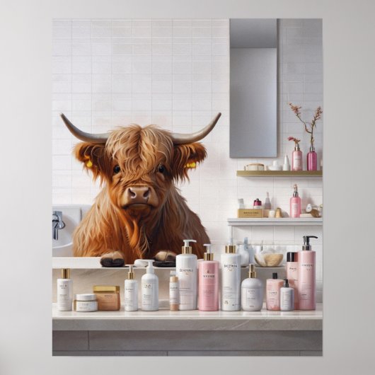 Poster Vache Highland avec produits de beauté rose Salle  (Devant)