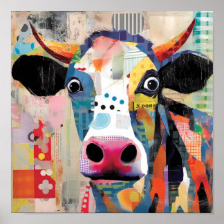 Poster Vache joueuse, un collage artistique et ecclésiast