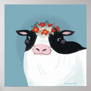 Poster Vache laitière et couronne de fleurs rouges