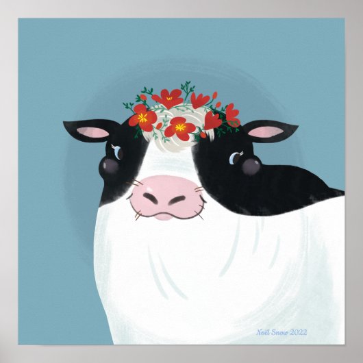 Poster Vache laitière et couronne de fleurs rouges (Devant)