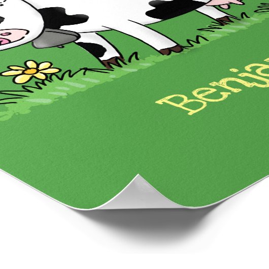 Poster Vache mignonne en vert dessin animé sur le terrain (Coin)