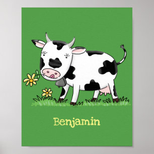 Poster Vache mignonne en vert dessin animé sur le terrain
