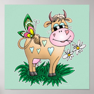 Poster Vache mignonne et papillon