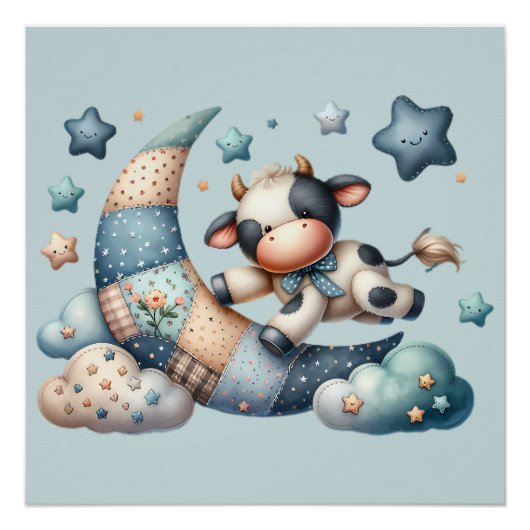 Poster Vache Patchwork Mignonne au-Dessus de la Lune avec (Devant)