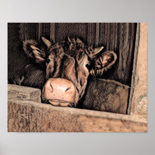 Poster Vache Russe Vintage Croquis Art Pays Maison ferme