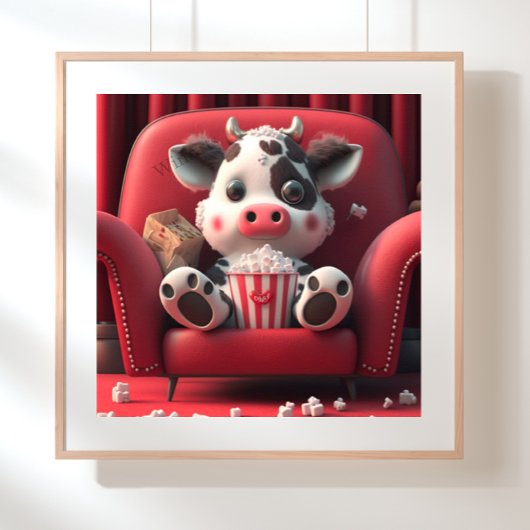 Poster Vache sur le canapé rouge manger Popcorn Art