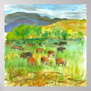 Poster Vaches dans le pâturage ferme animal aquarelle pei