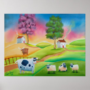 Poster Vaches de mouton mignonnes art populaire peinture