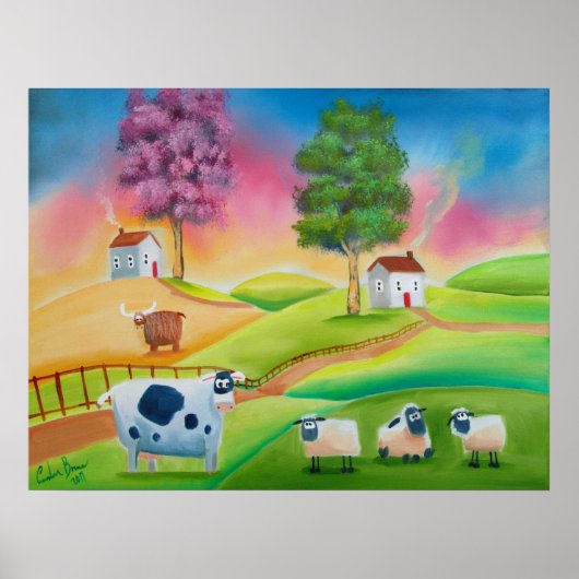 Poster Vaches de mouton mignonnes art populaire peinture (Devant)