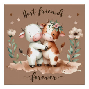 Poster Vaches Mignonnes Meilleures Amies Câlin Art Floral