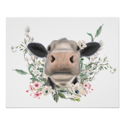 Poster vaches nez baiser fleurs aquarelle gris animal de (Devant)