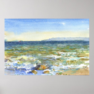 Poster Vague de surf ensoleillée et montagnes lointaines