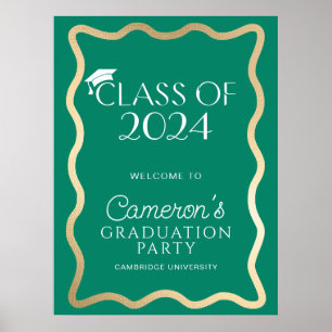 Poster Vague Emerald Green Gold Graduation Party Bienvenu