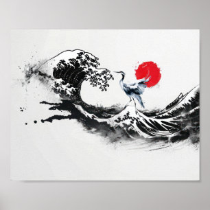 Poster Vague japonaise, Héron, art de peinture minimal