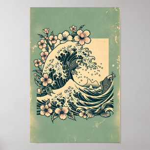 Poster Vague japonaise Koi Fish & Art de la fleur de ceri