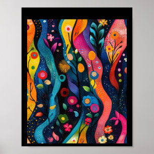 Poster Vagues abstraites colorées avec fleurs et plantes.