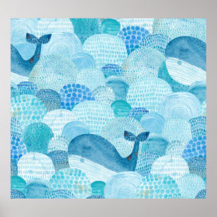 Poster Vagues, baleine, texture bleu enfantine