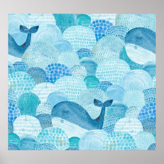 Poster Vagues, baleine, texture bleu enfantine (Devant)