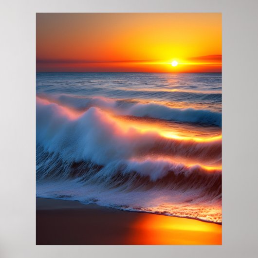 Poster Vagues dans l'océan avec coucher de soleil (Devant)