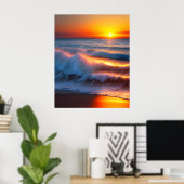 Poster Vagues dans l'océan avec coucher de soleil (Bureau à domicile)