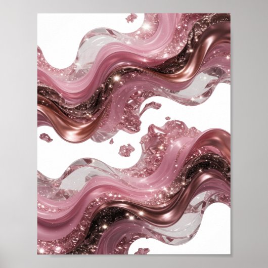 POSTER VAGUES DE LIQUIDE ABSTRAIT 3D AVEC ÉCLATS ET GEMME (Devant)
