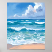 Poster Vagues de l'océan bleu | Aquarelle de mer de plage (Devant)
