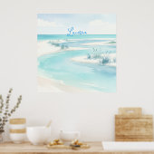 Poster vagues de plage à l'aquarelle bleu pastel nom modi (Cuisine)