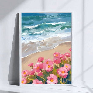 Poster Vagues de plage Peinture aquarelle rose florale ri