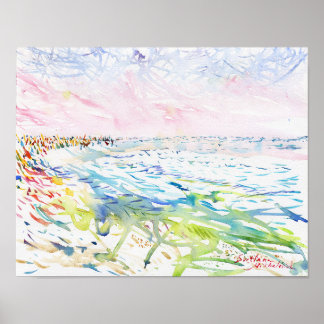 Poster Vagues de turquoise expressives et aquarelle ciel