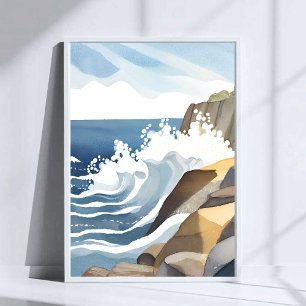 Poster Vagues déferlantes   Rivage côtier rocheux Aquarel