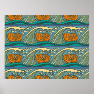 Poster Vagues d'océan bleu motif coquille de nautile Nouv