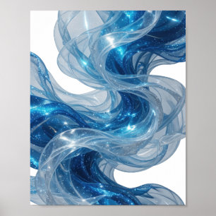 Poster Vagues et étoiles bleues argentées élégantes desig