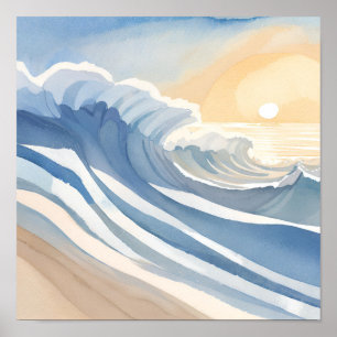Poster Vagues océaniques Aquarelle bleue