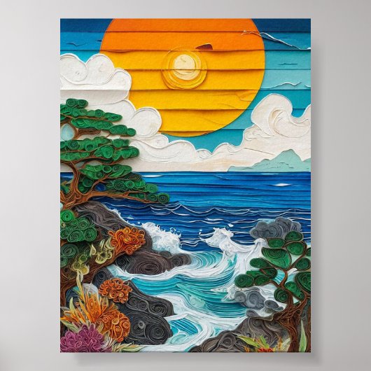 Poster Vagues océaniques au coucher du soleil (Devant)
