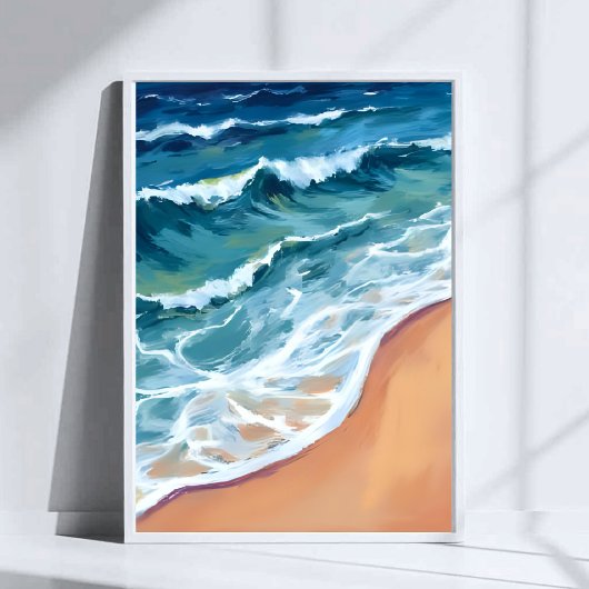 Poster Vagues océaniques bleu aquarelle côtière