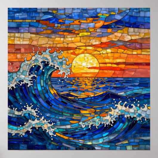 Poster Vagues océaniques côtières Coucher de soleil   (Devant)